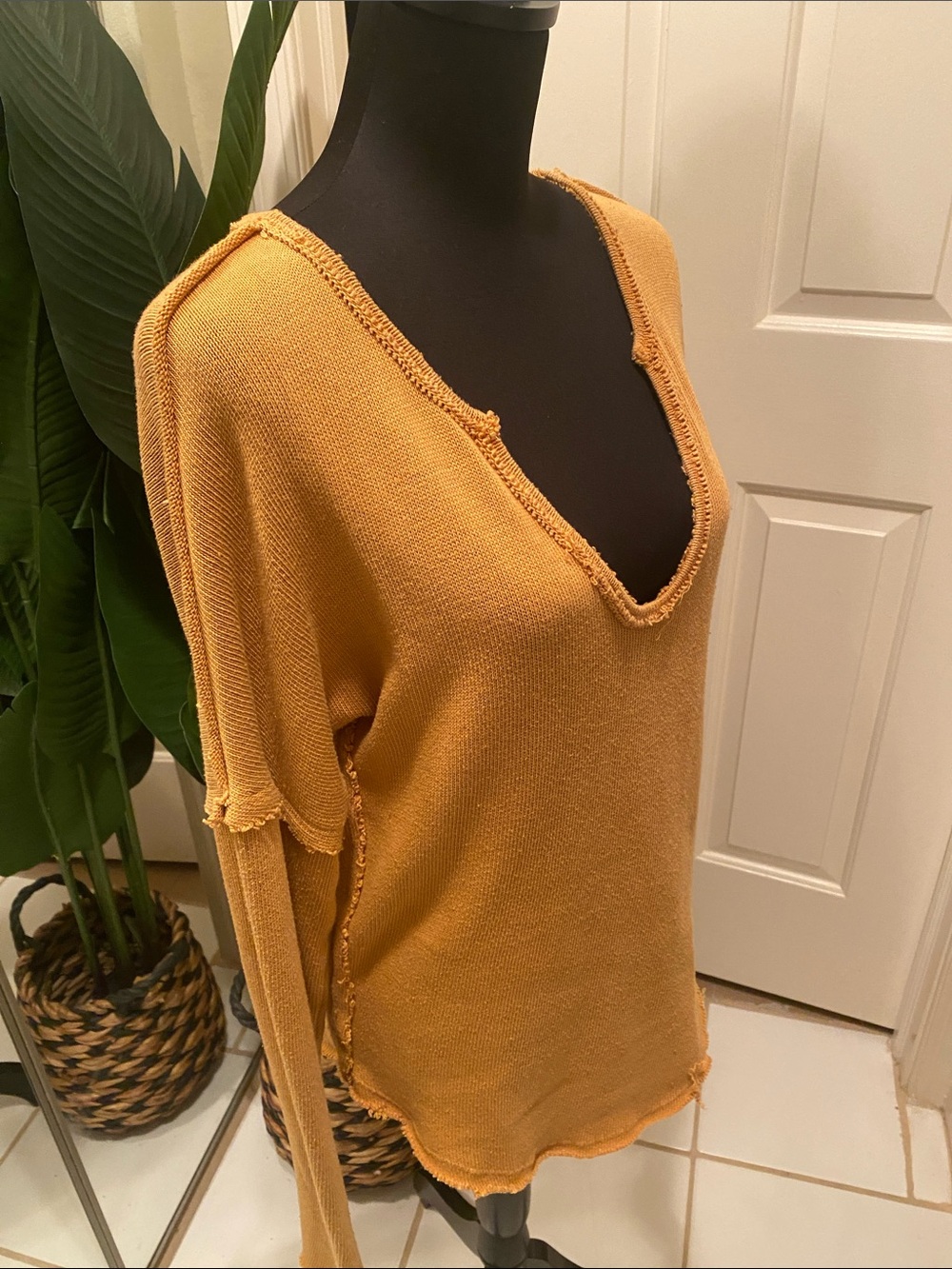 We The Free Distressed V-Neck Sweater in Mustard - Picture 4 of 5